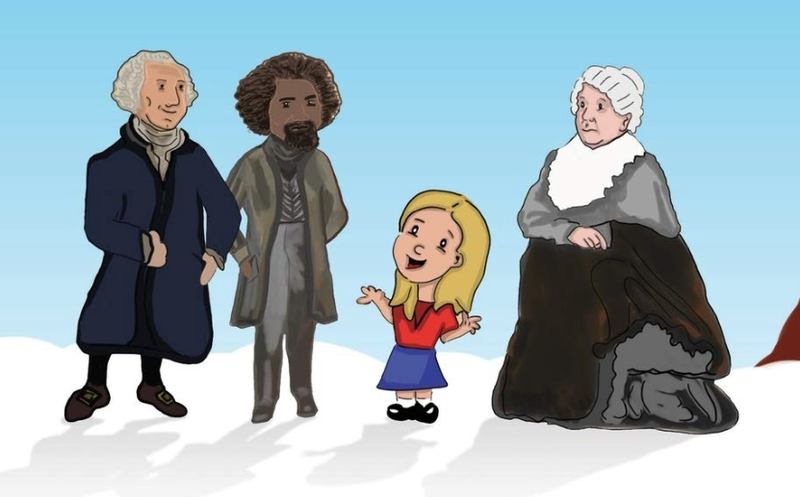 Little Emilie with George Washington, Frederick Douglass, and Elizabeth Cady Stanton