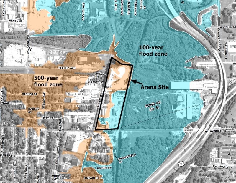 FEMA flood map with 100 and 500-year flood areas and the arena outlined in black. Source: FEMA