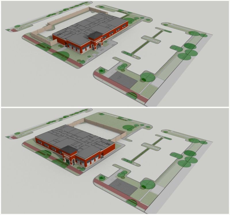 Figure Five: 3D visualization of current site plan (top) and neighborhood-suggested changes