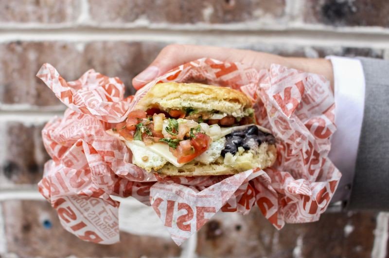 The Huevos Rancheros with a fried egg, pico de gallo, cheddar cheese, avocado and black bean spread.