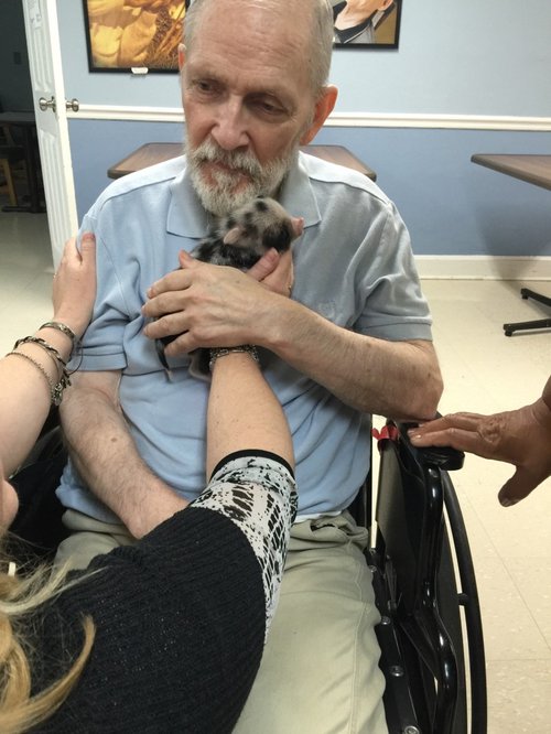 Magnolia Manor resident William Schroder enjoys cuddle therapy with Maggie.