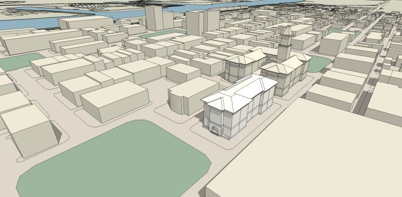 Scott Barnard proposes to keep the building on the north lot, and rent space to new tenants. Also shown: an Annex styled to resemble the courthouse.