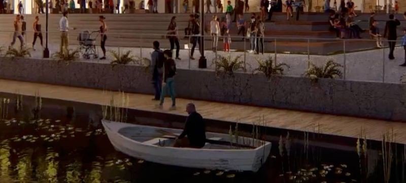 Almost certainly unintentionally, this bizarre image of a well-dressed man arriving at the Arena via an apparently about-to-sink wooden dinghy highlights the issues surrounding the use of the old industrial canal itself, and how it will relate to the new Savannah Arena.