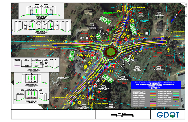 This colorful but complicated illustration shows the Georgia Department of Transportation's concept for the roundabout joining Langston Chapel Road to Harville Road and Bethel Church Road.