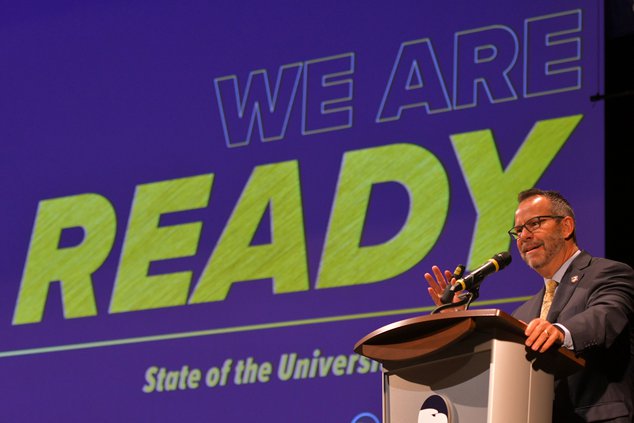 Georgia Southern University president Kyle Marrero delivers his State of the University address during Convocation on Thursday, August 5.