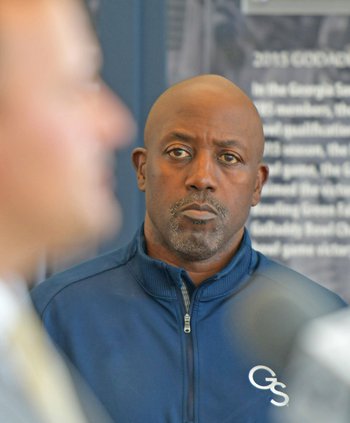 Newly named  interim coach Kevin Whitney waits his turn to take the podium as Georgia Southern athletic director Jared Benko answers questions from the news media during a press conference at the Smith Football Center on Monday, Sept. 27. Head football co