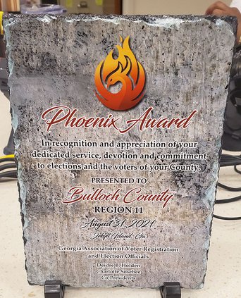 The Georgia Association of Voter Registration and Elections Officials presented the Bulloch County Office with the Phoenix Award during their annual conference earlier this year.