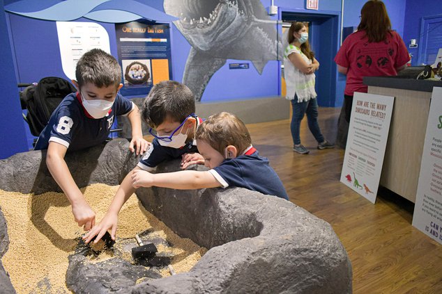 Diego Hibbs, 5, left, leads an archeological dig with brothers Victor, 4, center, and Santi, 2, while mom Maria chats with Georgia Southern geoogy major Lauren Vieth, background, on National Fossil Day at the newly re-opened Georgia Southern Museum on Wed