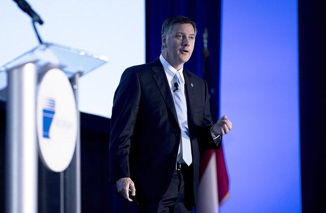 Griff Lynch, executive director of the Georgia Ports Authority, speaks during the 2022 State of the Port address, Thursday Feb. 24, 2022, at the Savannah Convention Center in Savannah, Ga. Lynch updated a capacity crowd on infrastructure projects that wil