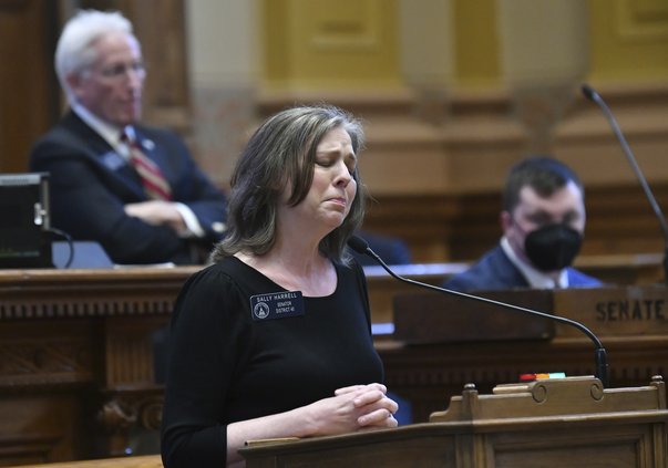 Sen. Sally Harrell (D-Atlanta) gets emotional as she speaks in opposition of SB-435 in the Senate Chambers at the Georgia State Capitol on Thursday. Senate Bill 435 would ban schools from allowing transgender girls from participating in sports that align