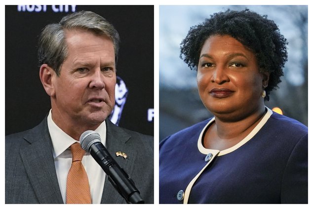 This combination of 2022 and 2021 photos shows Georgia Gov. Brian Kemp, left, and gubernatorial Democratic candidate Stacey Abrams. The Republican Kemp announced Wednesday, July 6, 2022, that his campaign committee had raised $3.8 million in the two month