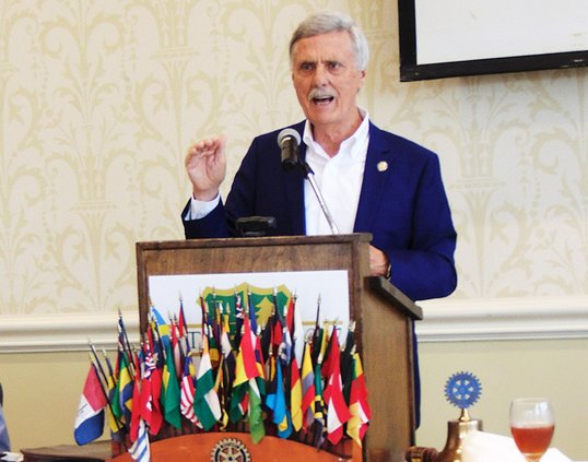 Sen. Billy Hickman, speaking Wednesday to the Statesboro Rotary Club, noted how state Senate District 4 changed geographically with reapportionment, and also expressed concern about poverty rates and average incomes in Bulloch and some of the neighboring