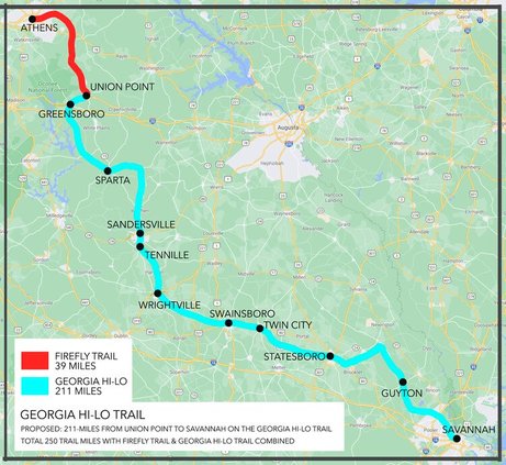 Courtesy of Georgia Hi-Lo Trail Inc. This concept map shows how the proposed Georgia Hi-Lo Trail and shorter Firefly Trail would combine to reach approximately 250 miles from Athens to Savannah.