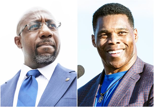 This combination of photos shows, Sen. Raphael Warnock, D-Ga., speaking to reporters on Capitol Hill in Washington, Aug. 3, 2021, left, and Republican Senate candidate Herschel Walker speaking in Perry, Ga., Sept. 25, 2021. Republican groups have filed an