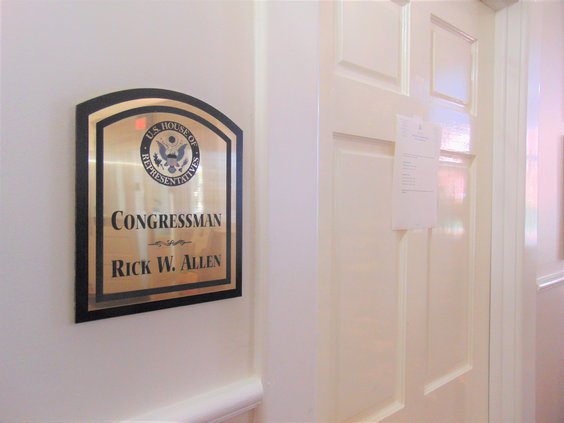 U.S. Rep. Rick Allen's office in Statesboro City Hall is assigned to a staff member called Allen's regional representative, Austin Stacy, who maintains regular office hours. After some time at the office Tuesday morning, Stacy posted a note on the door th