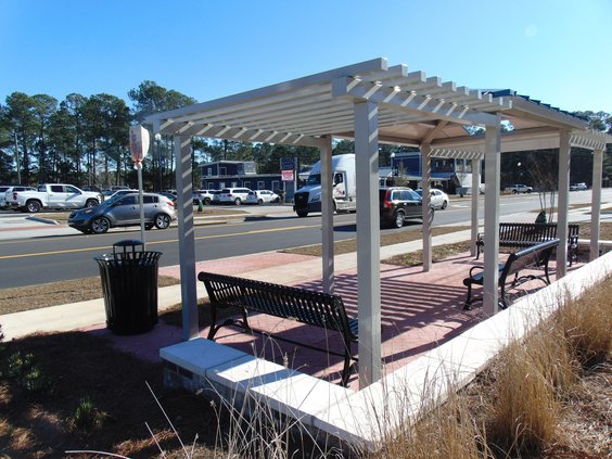 This “pocket park” with a sheltered bench that can serve as a Statesboro Area Transit bus stop is one very noticeable feature of the now almost complete Phase 1 of the Blue Mile streetscape.
