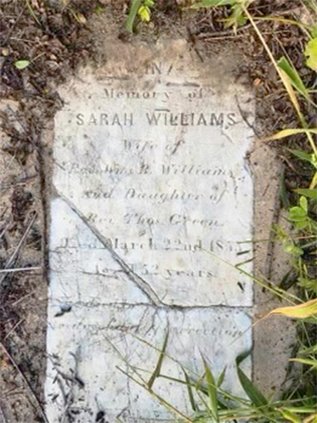 DABC/Special Photo This marker, one of three found lying flat on land being purchased by the Development Authority of Bulloch County off U.S.  Highway 301 near Register, memorializes Sarah Williams, who died in 1855, and also names her husband and father.