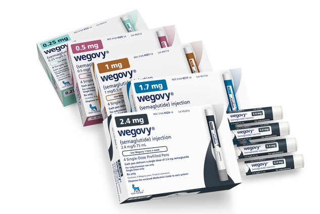 This image provided by Novo Nordisk in January 2023, shows packaging for the company's Wegovy drug. Children struggling with obesity should be evaluated and treated early and aggressively, with medications for kids as young as 12 and surgery for those as