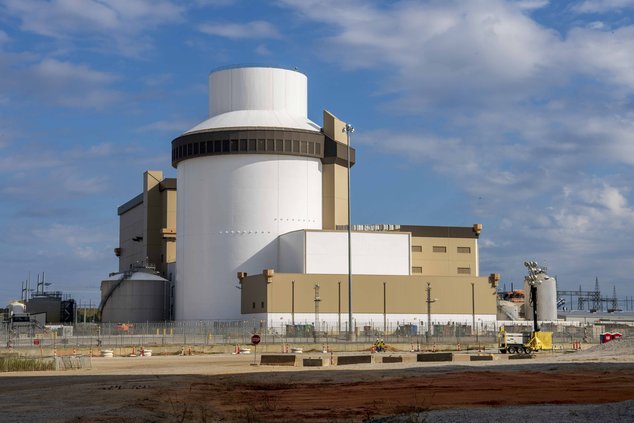 In this image provided by Georgia Power, the outside of the Unit 3 reactor containment building at Plant Vogtle in Waynesboro, Ga., is shown on Oct. 13, 2022. Startup of the nuclear power plant will be delayed since its operator found a vibrating pipe in