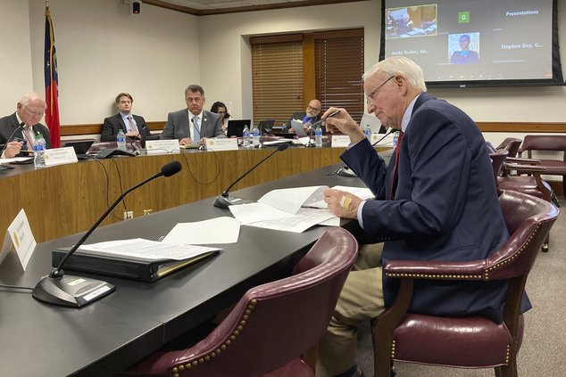 Georgia Senate Ethics Committee Chairman Max Burns, R-Sylvania, explains a bill that would ban private contributions to counties for elections, on Monday, Feb. 27, 2023, at the state Capitol in Atlanta. Burns is backing a measure that would make it easier