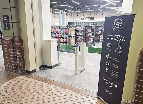 Photo courtesy Georgia Southern University In this photo taken at the Gus Mart convenience store entrance inside the Russell Union of Georgia Southern, the scanner of the "Just Walk Out" technology from Amazon is shown. Customers may pick their items and