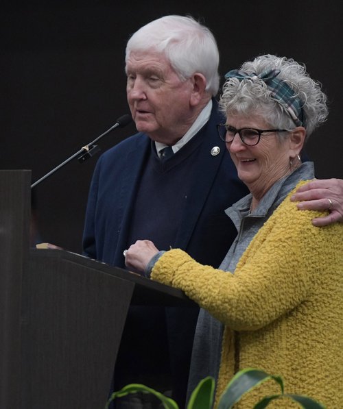 Roy Thompson accepts the Bruce Yawn Lifetime Achievement Award together with wife Deborah during the Statesboro Bulloch Chamber Annual Meeting and Awards at Ogeechee Technical College on Thursday, Jan 19.