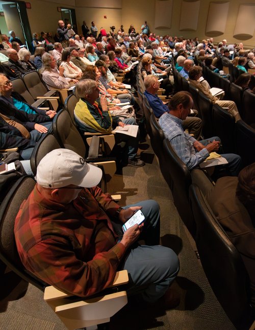 Bulloch County residents fill the seats at the Southeast Bulloch High School auditorium as Georgia Environment Protection Department employees present their findings concerning wells being drilled by Hyundai for their metaplant in Bryan County on Monday,