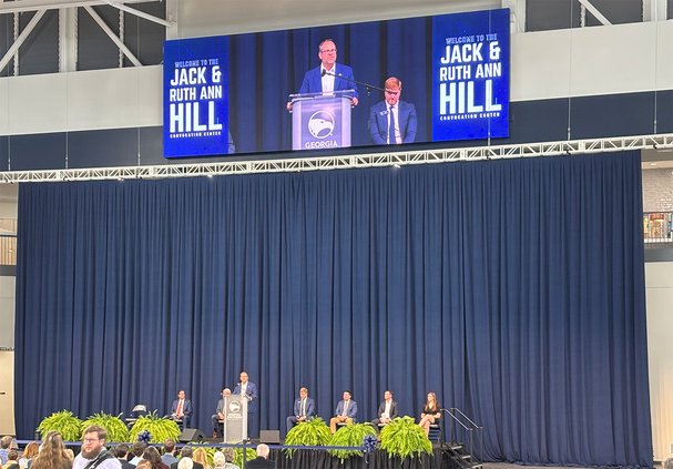 JIM HEALY/staff Georgia Southern University President Kyle Marrero speaks at the opening of the Jack and Ruth Ann Hill Convocation Center Wednesday, which he says will be known simply as "The Hill."