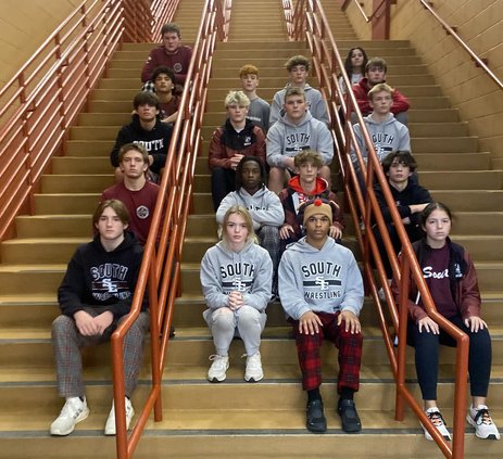Wrestlers on stairs