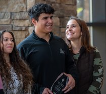 Nominating instructor Casey Corbett, right, looks like a proud parent as Fish and Wildlife Management student Rien Perez is named the Ogeechee Technical College 2025 GOAL recipient and fellow student Arianna Crumpacker, left, is named runner up on Wednesd