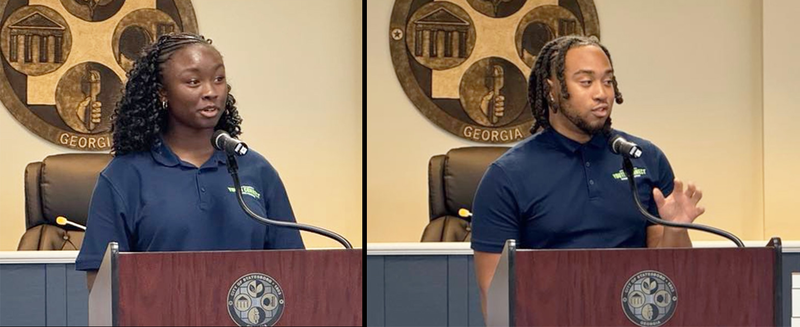 Laylah Scarboro, above left, and Alan Beasley, right, are previous graduates of the Statesboro Youth Connect summer program. They spoke to the Class of 2025 during June 25 graduation ceremonies at City Hall.
