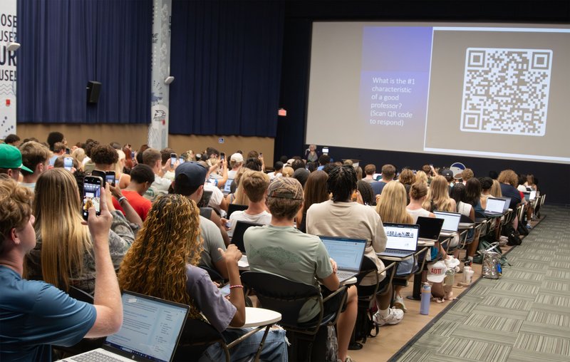 Georgia Southern first year students are prompted for feedback with a QR code as they are welcomed to Global Sociology by Professor Marieke Van Willigen on the first day of the 2025 Fall semester on Wednesday, August 13.