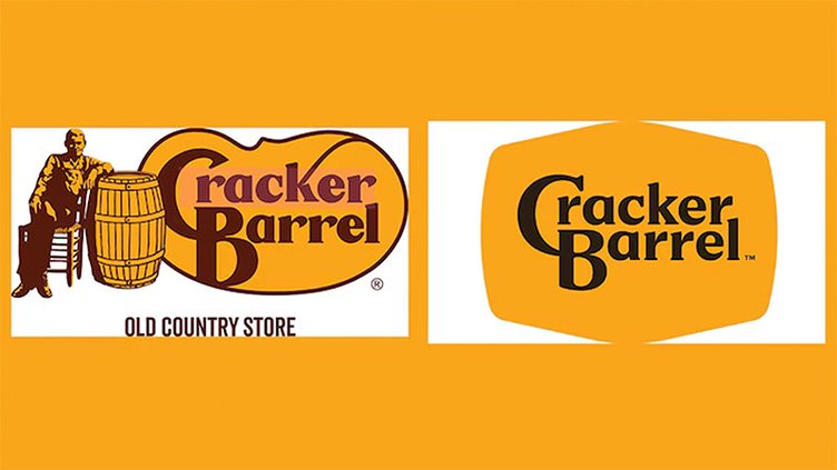 The new Cracker Barrel logo is shown on the left, which has since been abandoned to return to the original logo, shown on right.