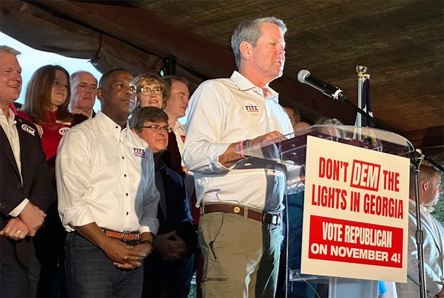 Gov. Brian Kemp is shown at an Oct. 7 campaign rally in support of Republican PSC incumbents Fitz Johnson and Tim Echols. Both candidates lost.