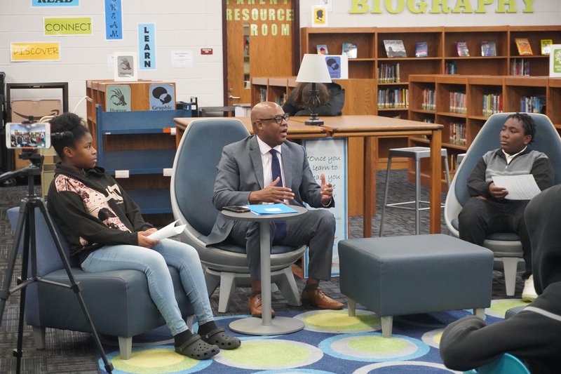 Statesboro Mayor Johnathan McCollar talks about his 8th-grade experience with 8th-graders at Langston Chapel Middle school.