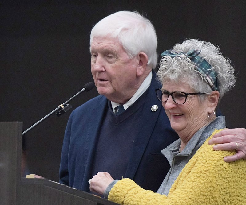 Roy Thompson accepts the Bruce Yawn Lifetime Achievement Award together with his late wife, Deborah, during the Statesboro Bulloch Chamber's annual meeting and awards ceremony at Ogeechee Technical College in this January 2023 file photo.