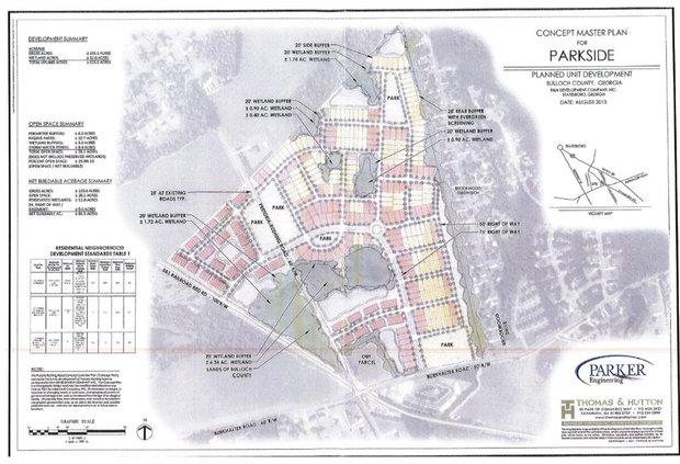 Source: Bulloch County Planning and Development This concept plan, produced for R&H Development Company by the Thomas & Hutton and Parker Engineering firms back in 2013, shows the Parkside subdivision as a planned unit development with, according to the c