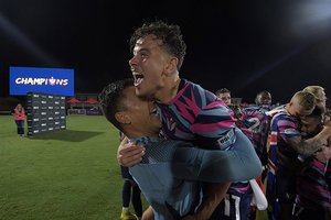 In this file photo from 2022, South Georgia Tormenta FC's Jamil Roberts, top, gets a lift from teammate Pablo Jara as the team celebrates their USL League One Championship over the Chattanooga Red Wolves SC at Tormenta Stadium on Sunday, Nov. 6. Roberts s