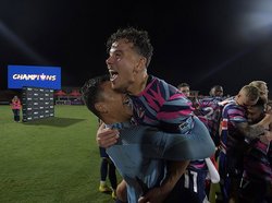 In this file photo from 2022, South Georgia Tormenta FC's Jamil Roberts, top, gets a lift from teammate Pablo Jara as the team celebrates their USL League One Championship over the Chattanooga Red Wolves SC at Tormenta Stadium on Sunday, Nov. 6. Roberts s