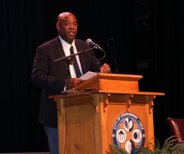 Mayor Jonathan McCollar speaks from the stage of the Emma Kelly Theater in downtown Statesboro, delivering his 2026 State of the City address, Tuesday evening, Feb. 24.