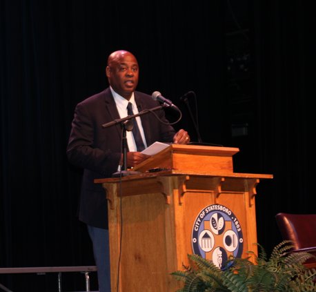 Mayor Jonathan McCollar speaks from the stage of the Emma Kelly Theater in downtown Statesboro, delivering his 2026 State of the City address, Tuesday evening, Feb. 24.