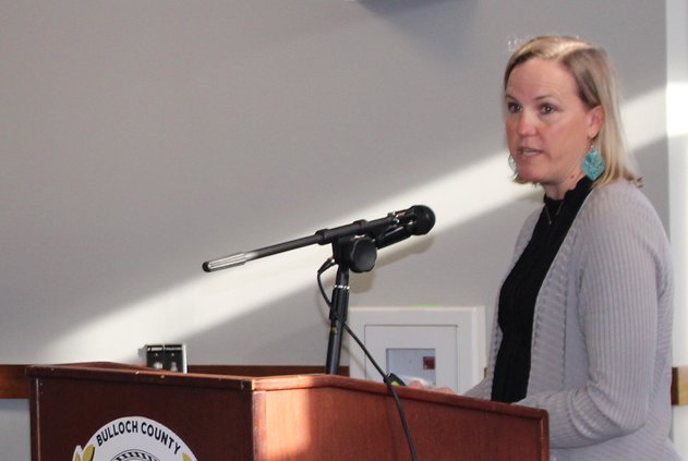 Kristie King, chief financial officer of the Bulloch County government, addresses the county commissioners and other staff members Wednesday morning at the start of the two-day budget retreat. (AL HACKLE/staff)